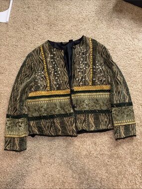 Olive & Gold Patterned Cropped Jacket 80s